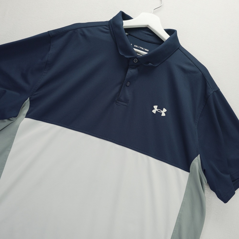 Under Armour Mens XXL Performance Polo Shirt Navy Grey Colorblock Golf Loose Fit